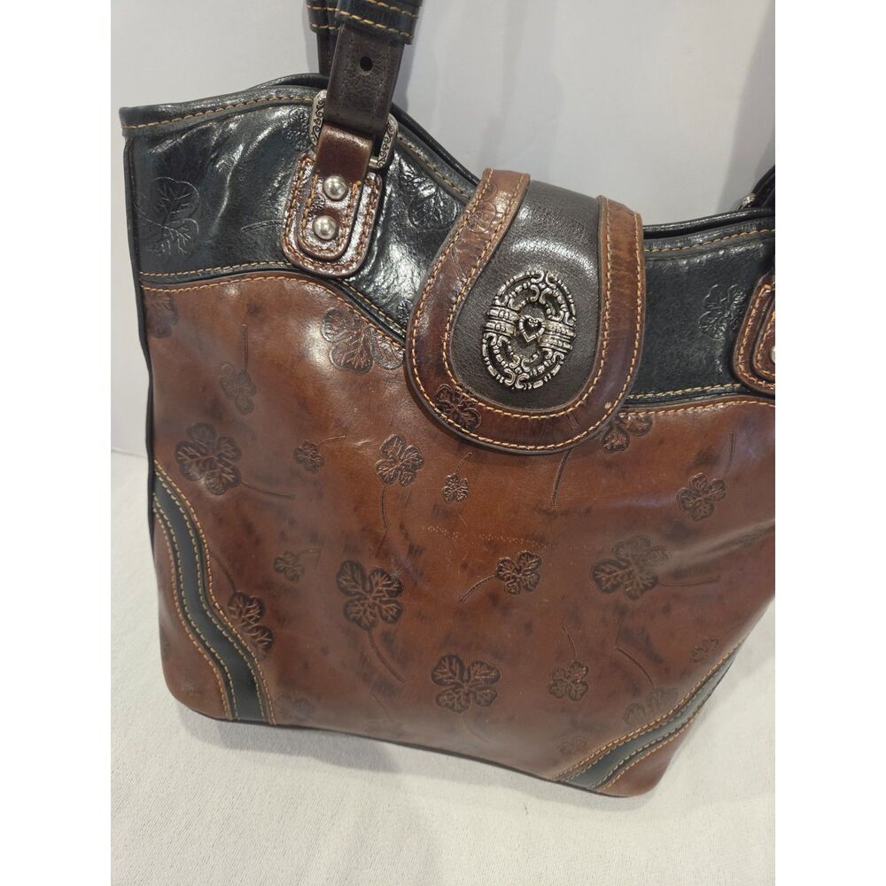 Marc Chantal MC Clover Embossed Leather Shoulder Bag Purse Brown Black Western